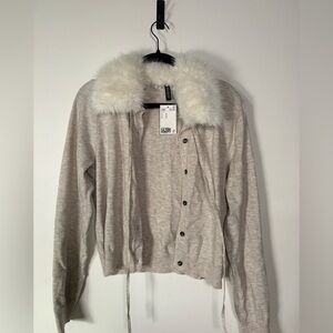 H&M Light Beige Teddy Jacket with White Faux-Fur Collar